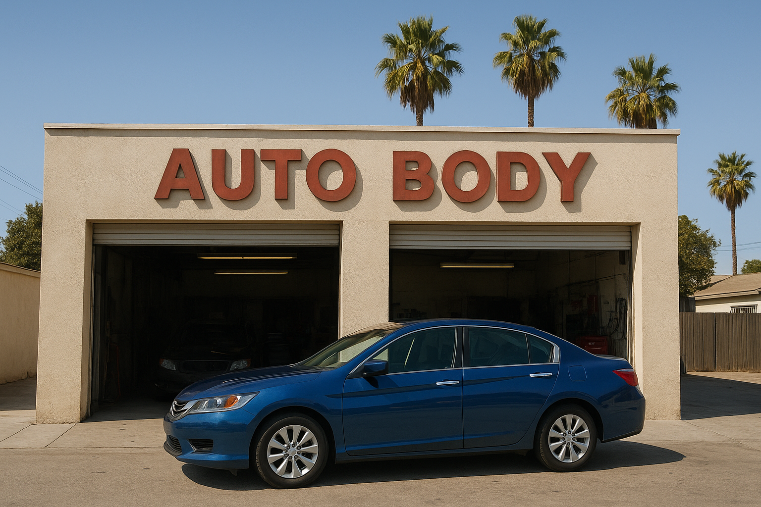 Exterior of a local auto body shop with a recently repaired sedan parked outside in Southern California