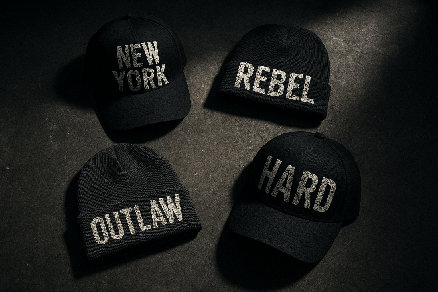 Collection of custom baseball caps and beanies featuring bold graphic designs