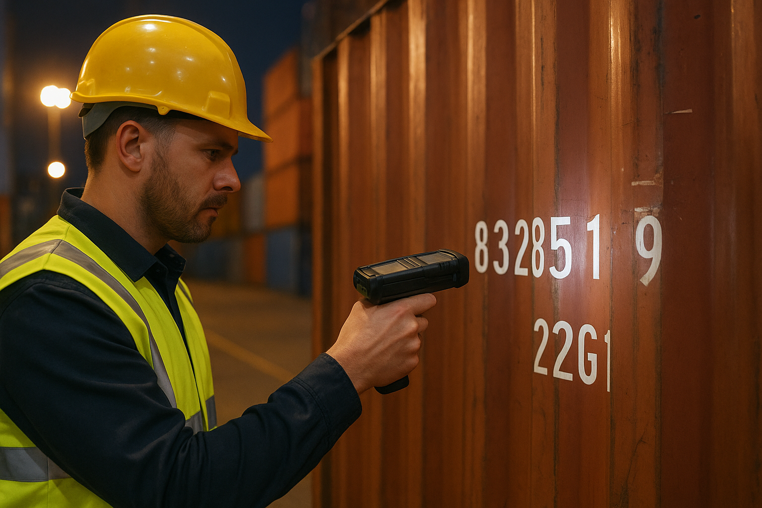 Logistics worker scanning a container identification number for shipment tracking