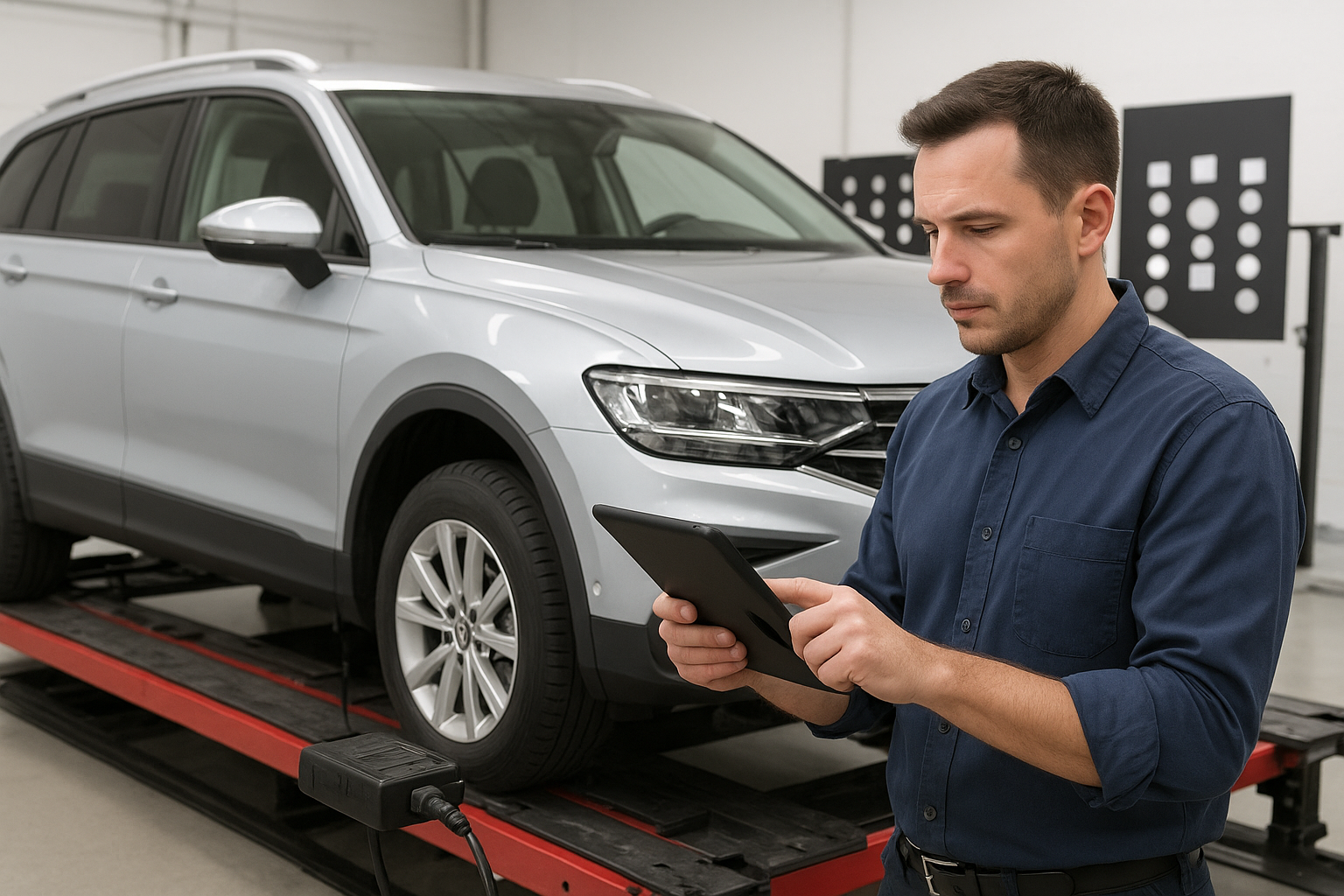 Estimator using tablet to document scans and calibrations at a top insurance claim body shop