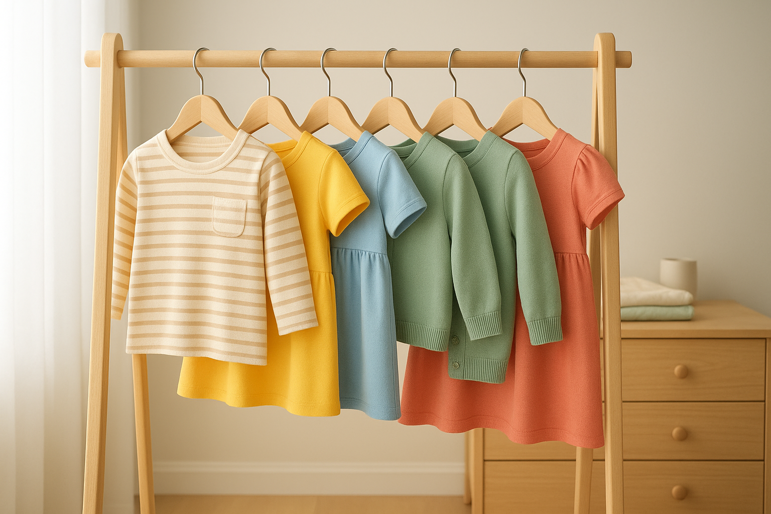 Curated rental clothes for children hanging neatly on wooden hangers in a bright nursery room
