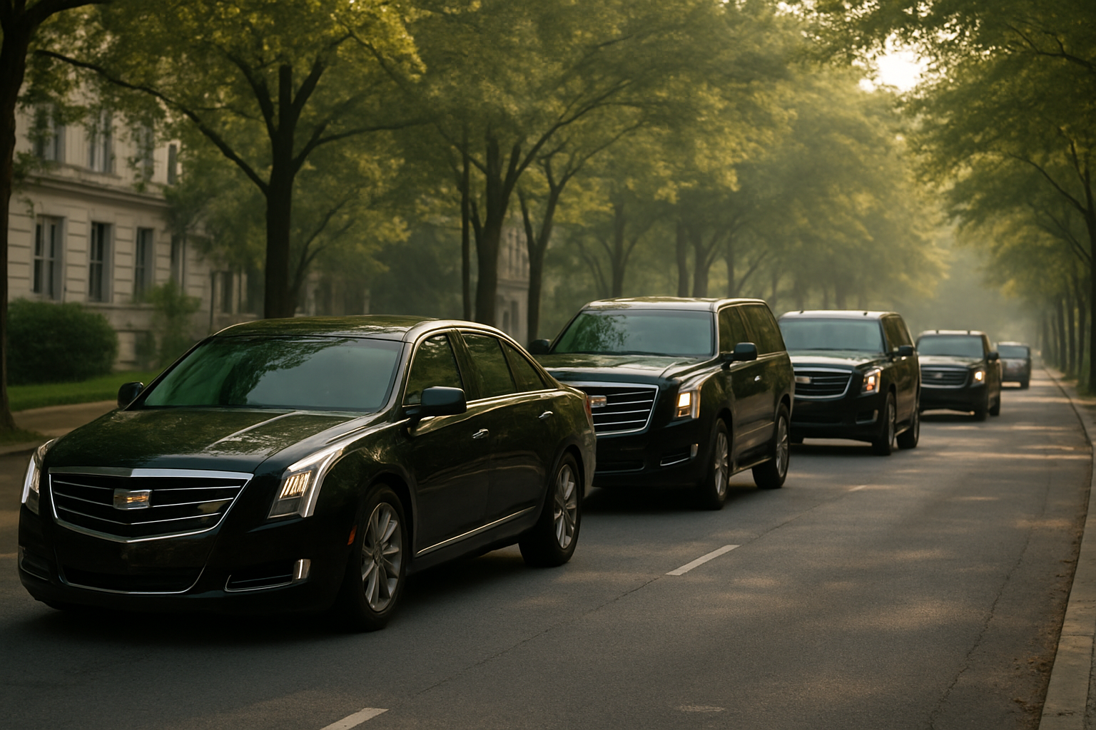 Small procession of black limousines traveling through a Culver City neighborhood