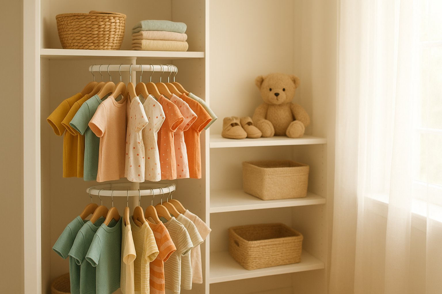 Rack of curated outfits representing a children's apparel rental membership box
