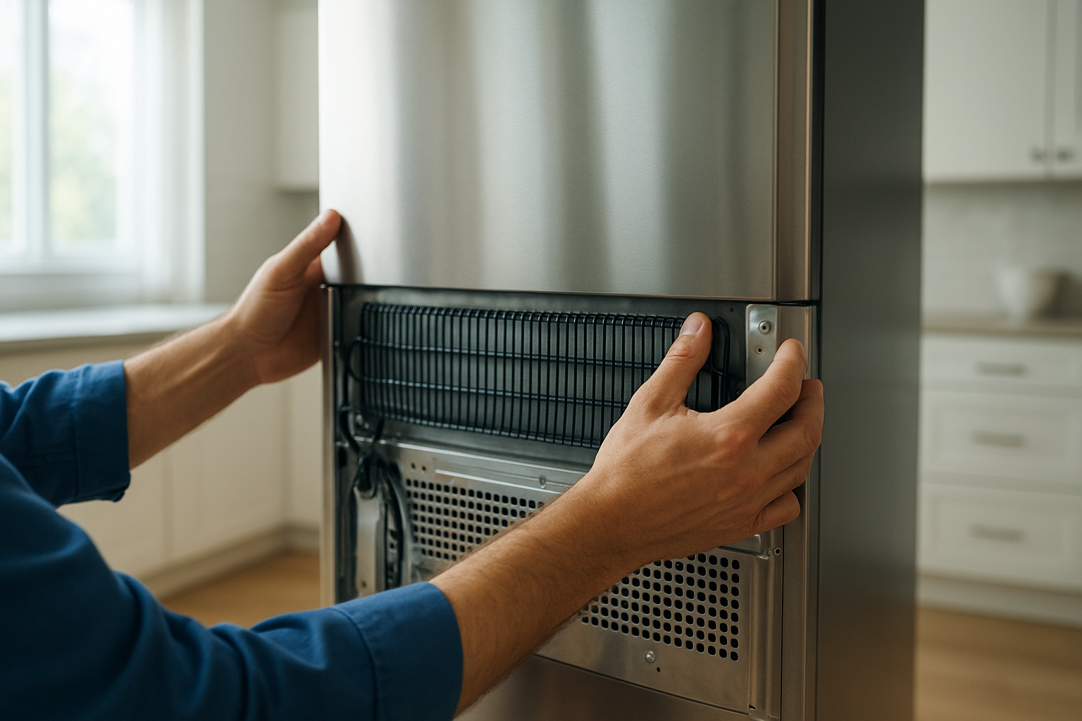Technician performing refrigerator troubleshooting on a kitchen fridge