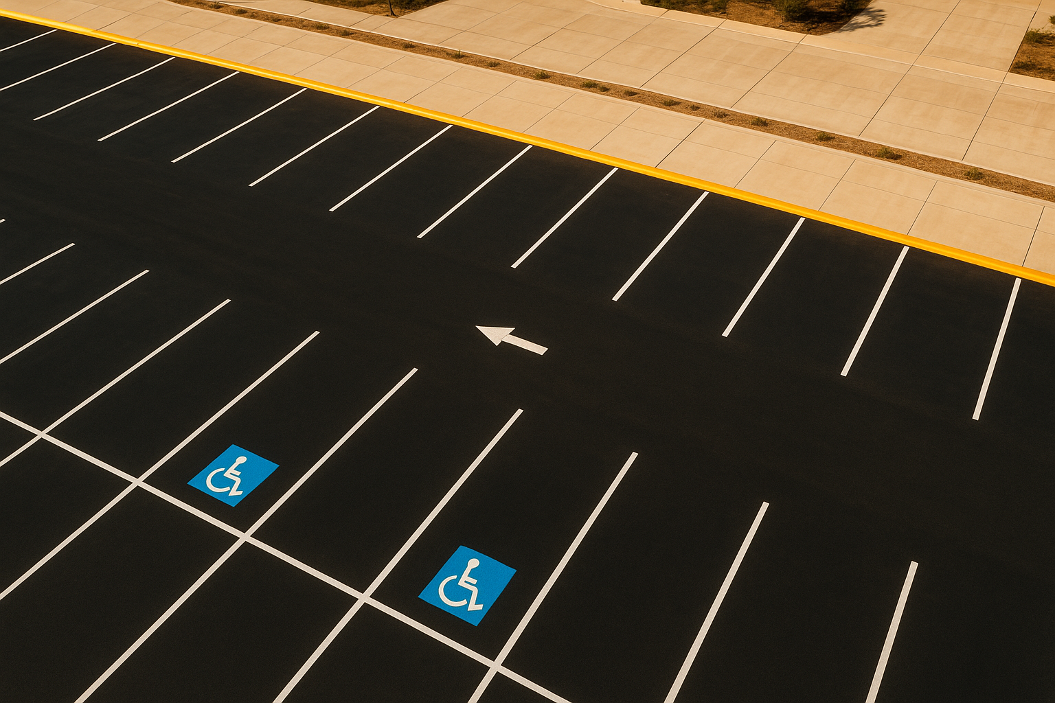 Aerial view of professional parking lot striping in Dallas showing white stall lines, ADA symbols, and fire lane markings