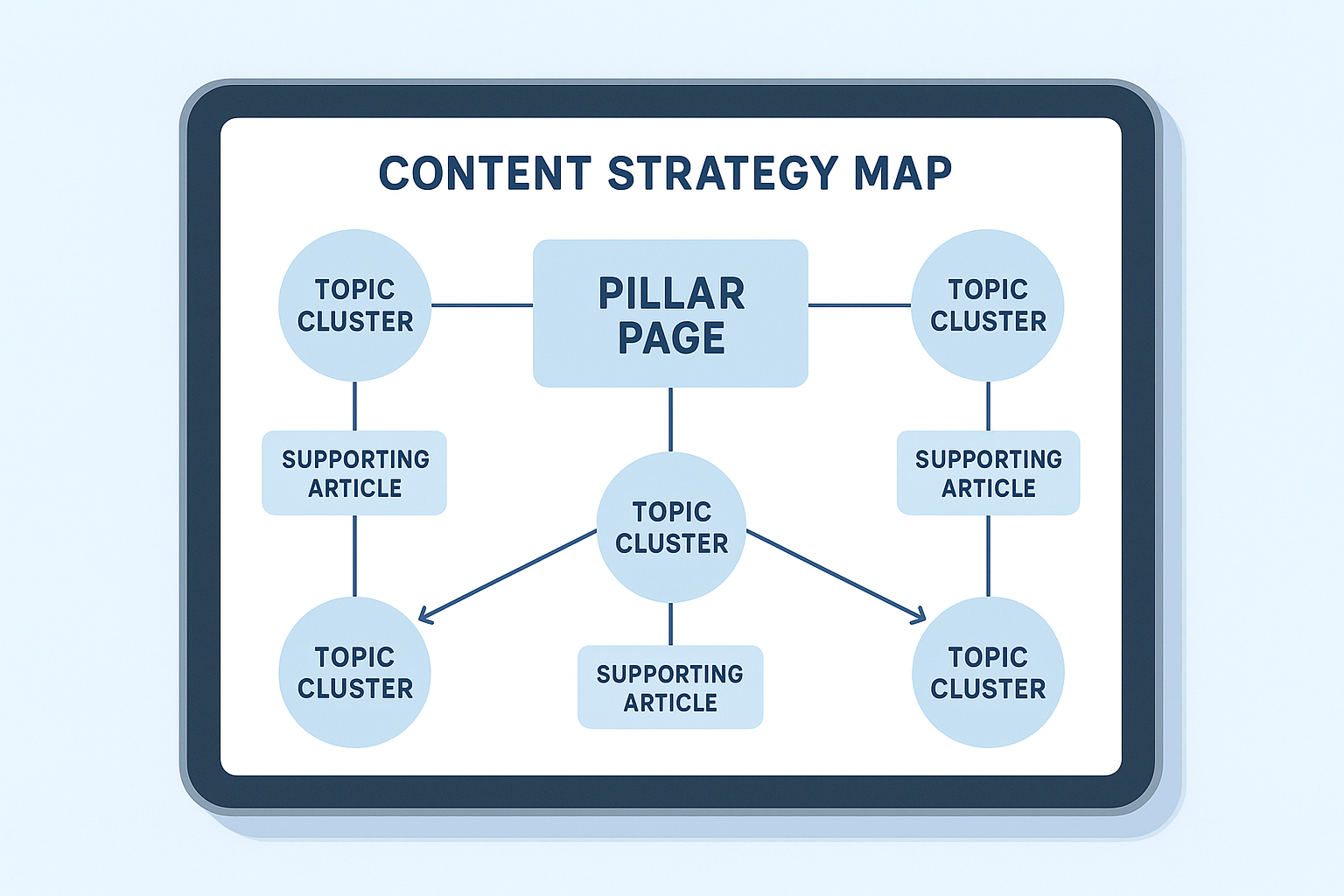 Content cluster strategy map illustrating topical authority building for search optimization