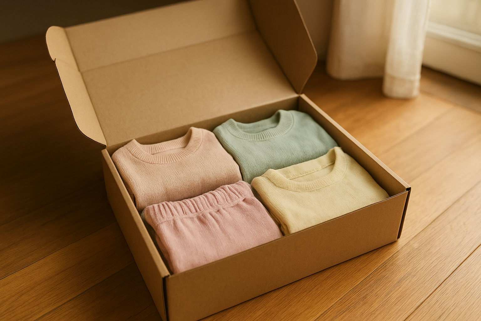 Rotating wardrobe rental for children shown as a curated box of folded kids clothing