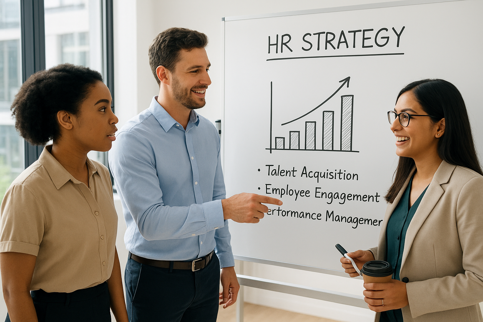 Diverse business team reviewing HR strategy and workforce planning with an outsourced HR partner