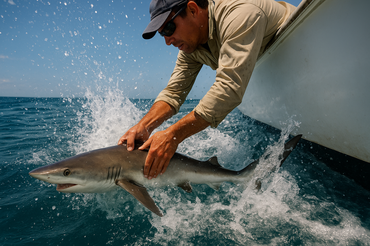 Angler bringing a coastal shark boatside during a catch-and-release charter trip near Myrtle Beach