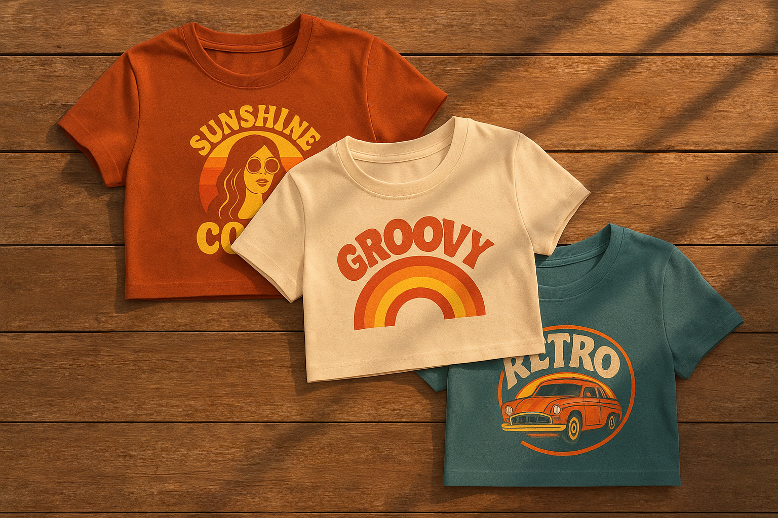 Flat lay of three custom printed crop tops with retro motor-culture graphics
