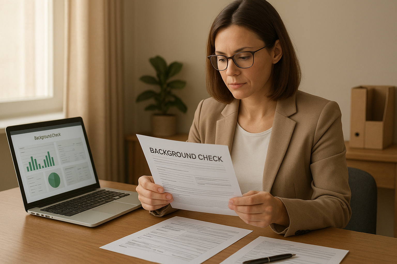 Compliance specialist reviewing background study compliance services mn documentation at a desk