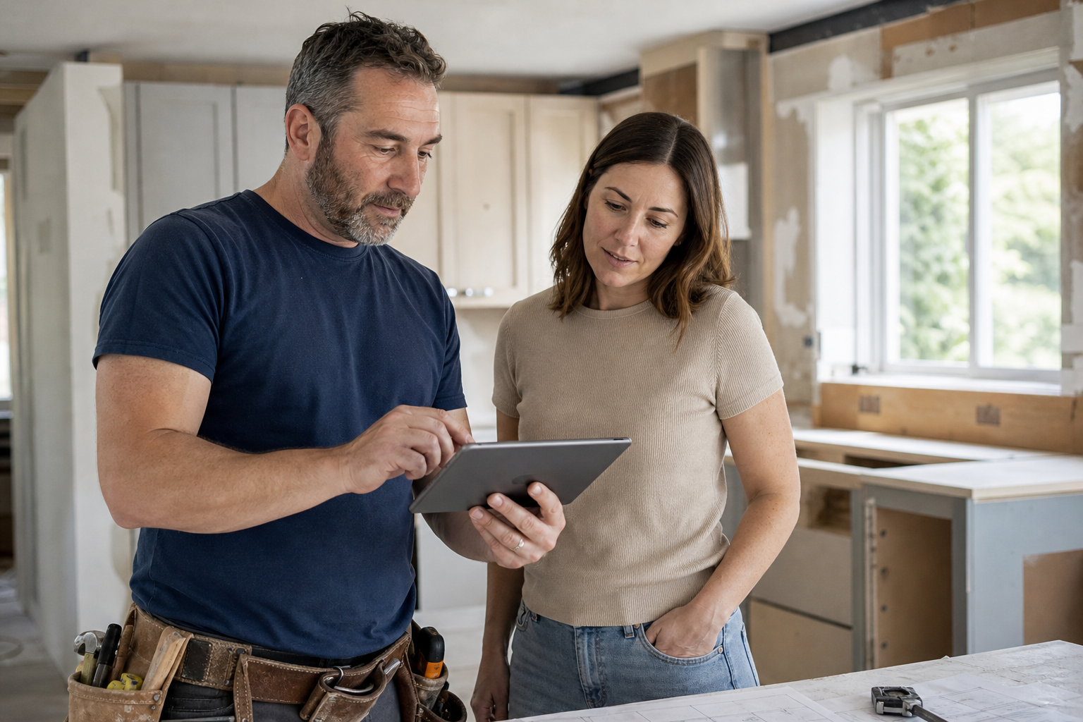 Contractor reviewing a digital estimate with a homeowner during a kitchen remodel