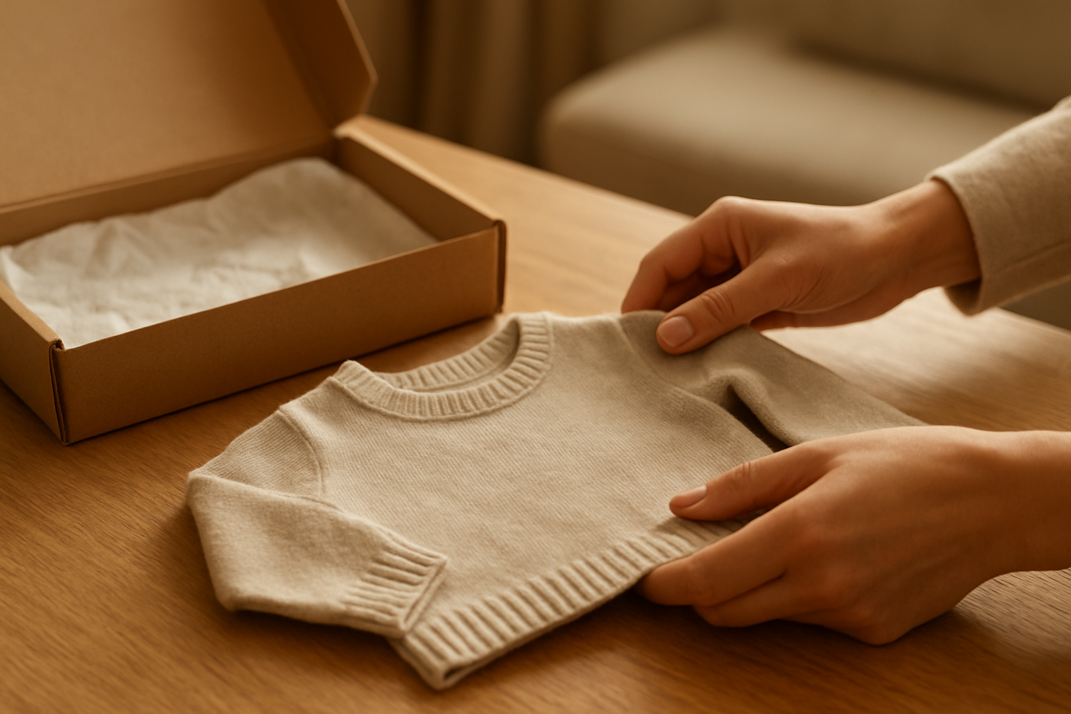 Parent packing a toddler sweater for a monthly clothing swap