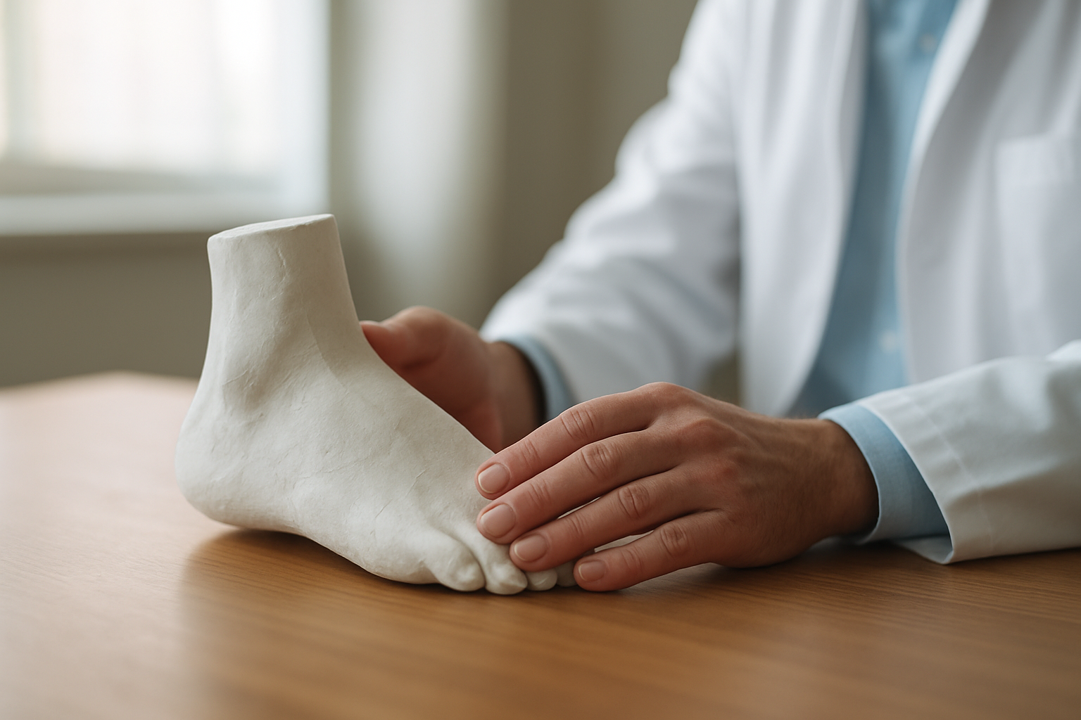 Podiatrist reviewing a foot mold used to fabricate custom crafted orthotics