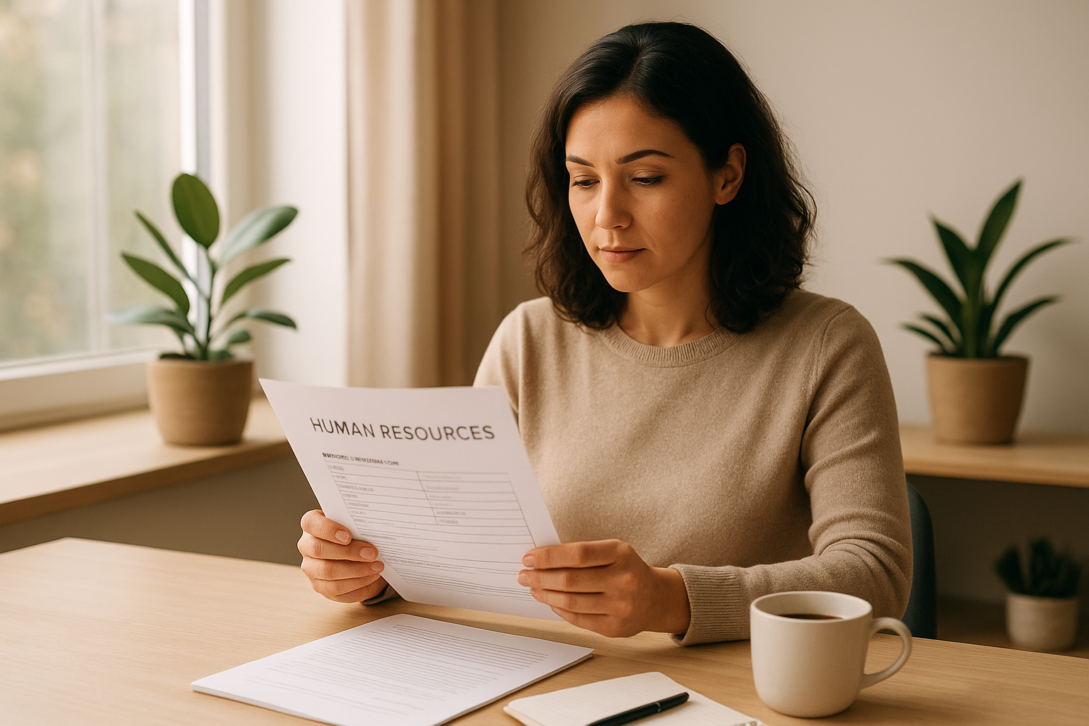 Small business owner reviewing HR strategy documents to support positive culture