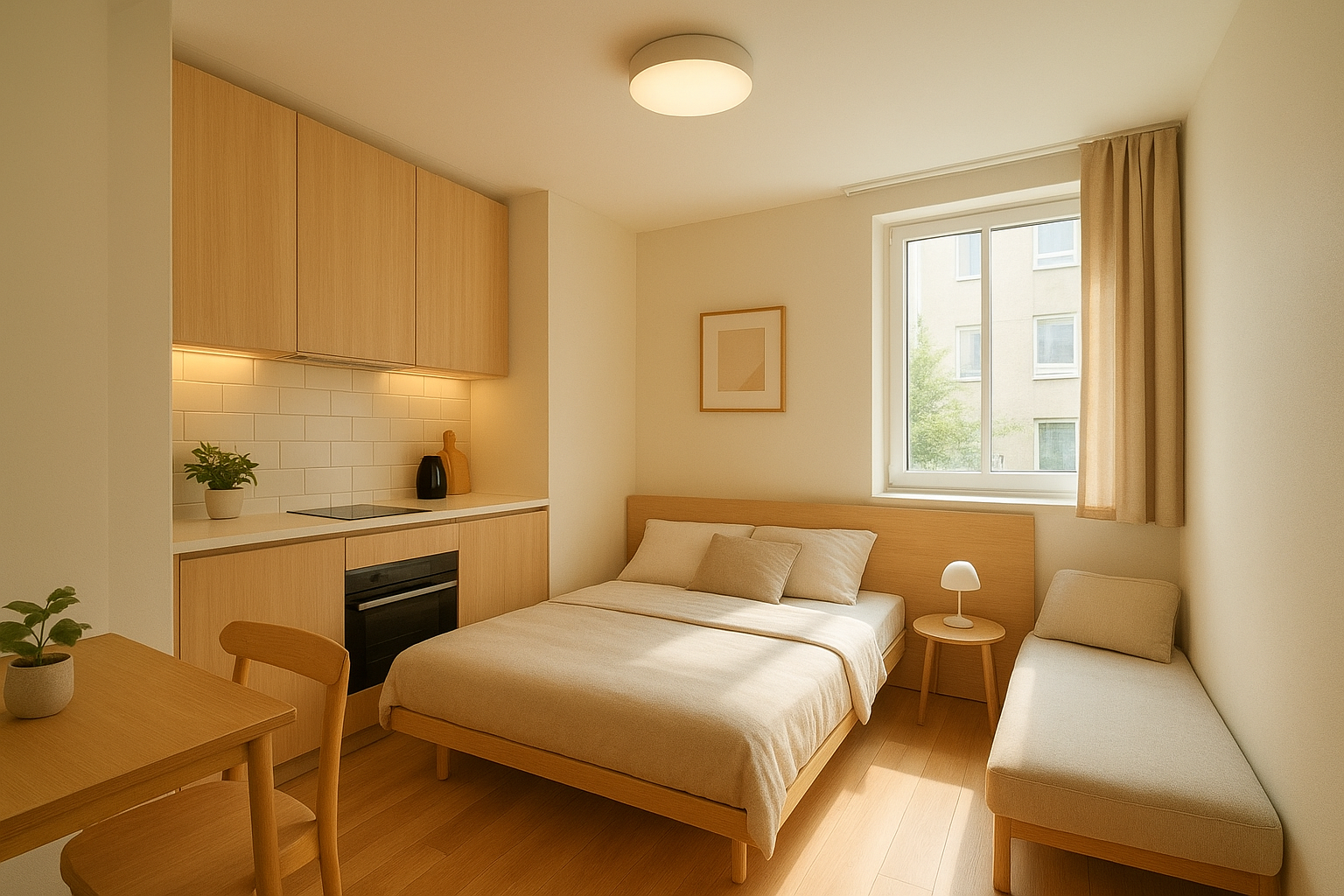 Bright modern studio interior after a garage-to-ADU conversion with kitchenette and living area