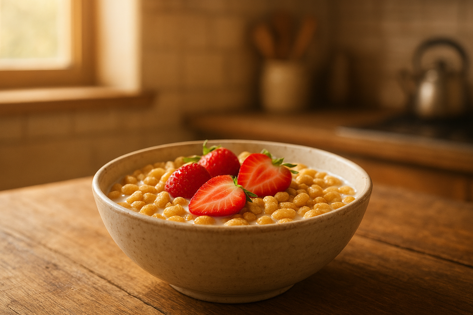 Bowl of organic cereal for kids with fresh strawberries on a wooden table