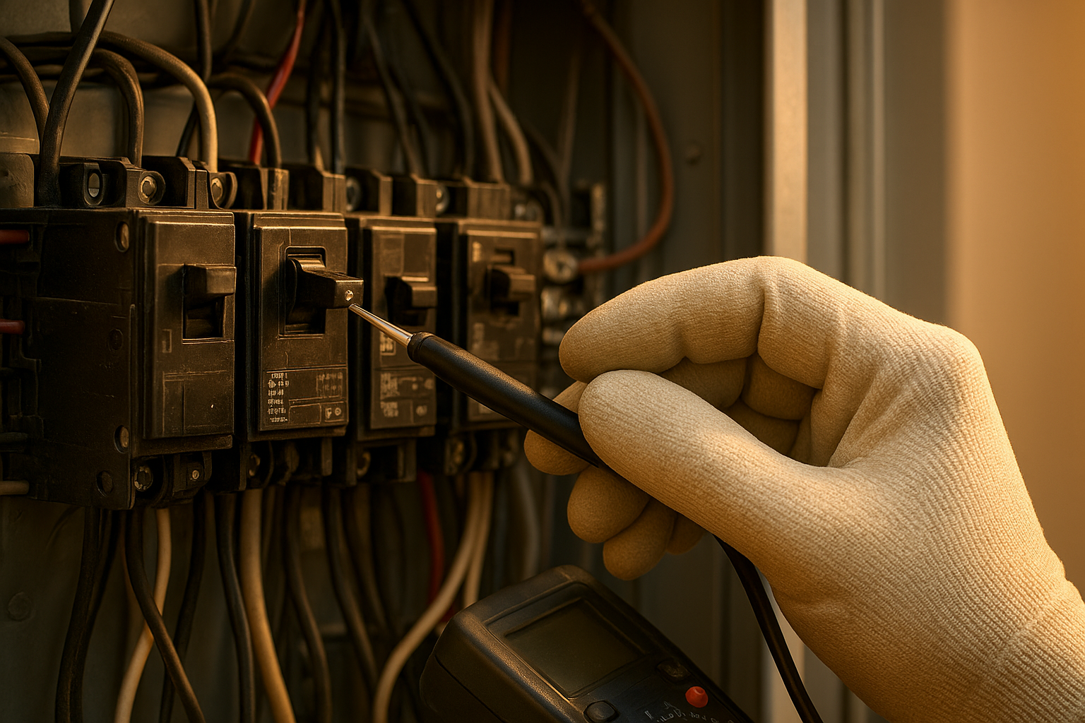 Inspector testing an electrical panel during a residential home inspection
