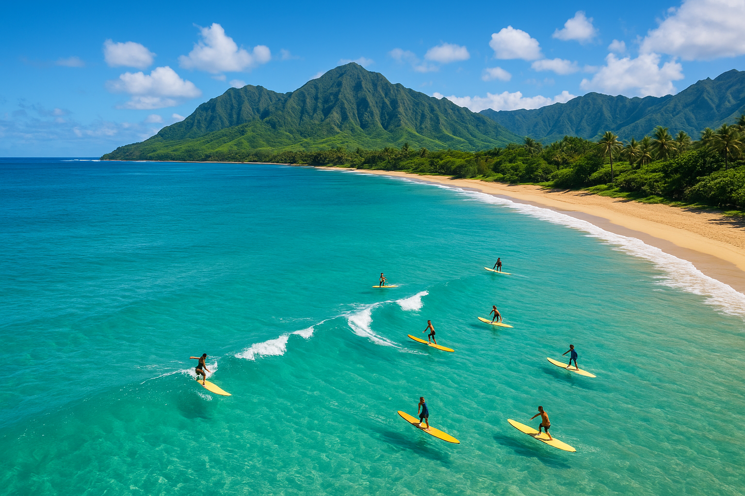 Aerial view of surfers riding waves at a beautiful Oahu beach with turquoise water and green mountains