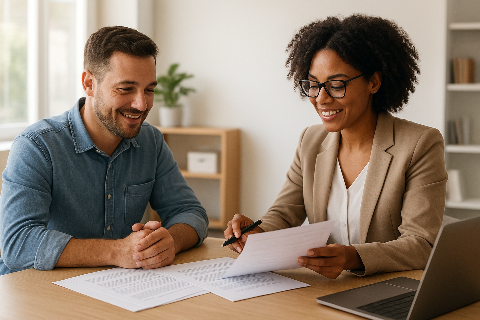 Small business owner reviewing an employment outsourcing agreement with an HR consultant
