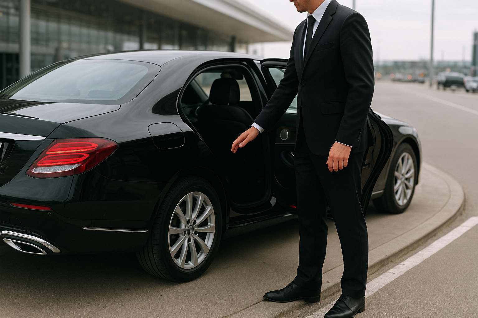 Professional chauffeur opening the door of a luxury sedan at an airport curb