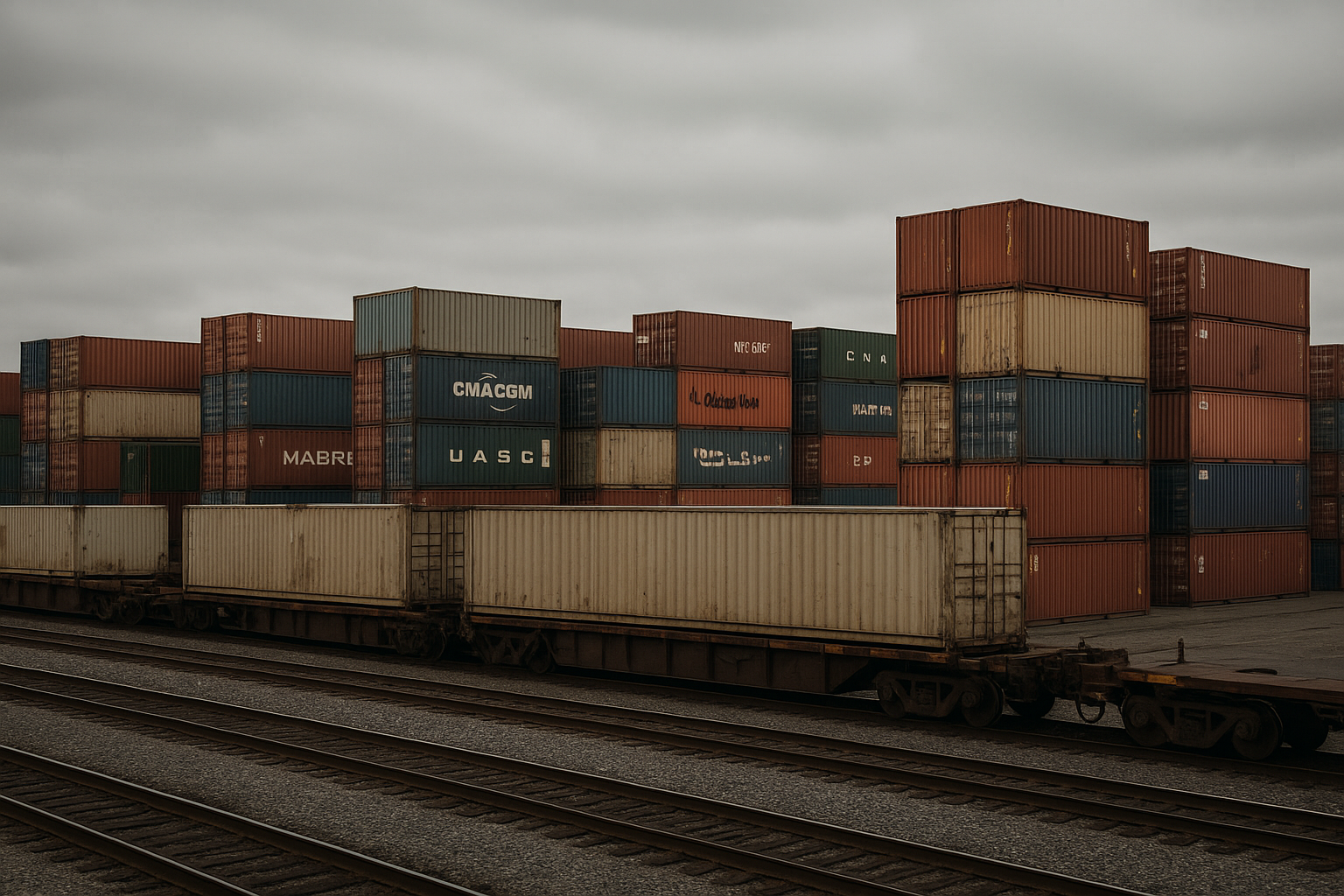 Intermodal rail yard with stacked containers illustrating the range of services shipping companies coordinate