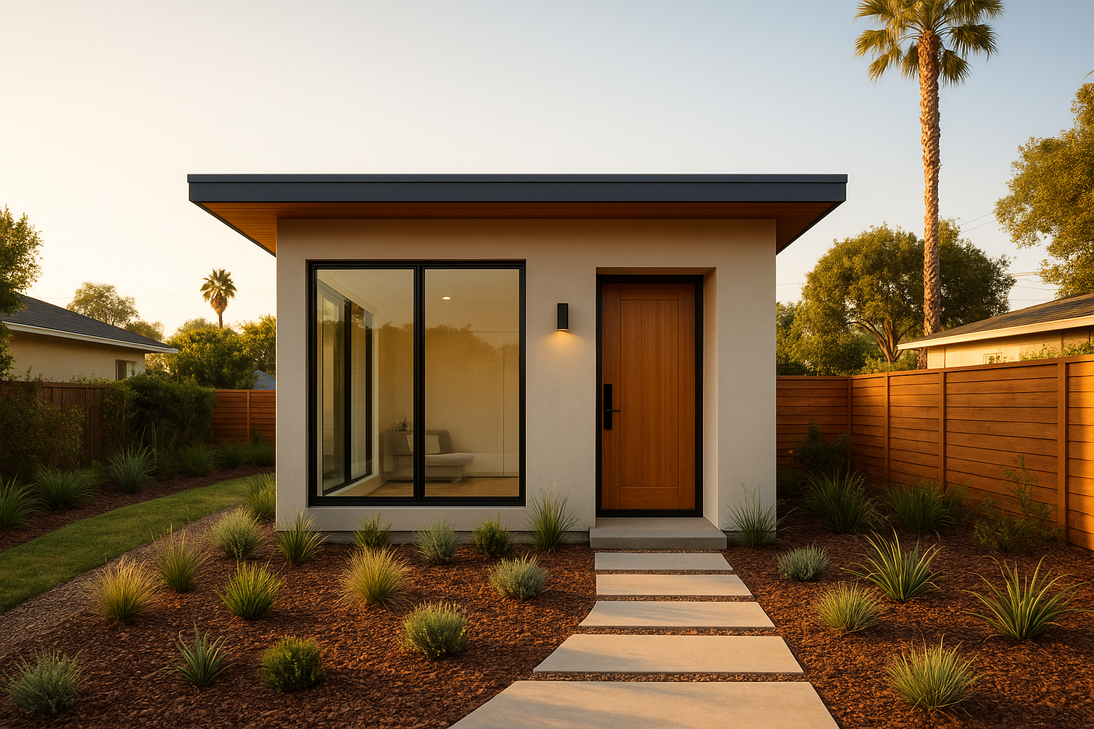 Modern detached ADU floor plan exterior in a Southern California backyard