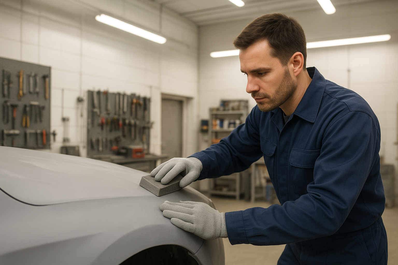 Auto body technician performing body work auto repair on a vehicle panel inside a professional shop