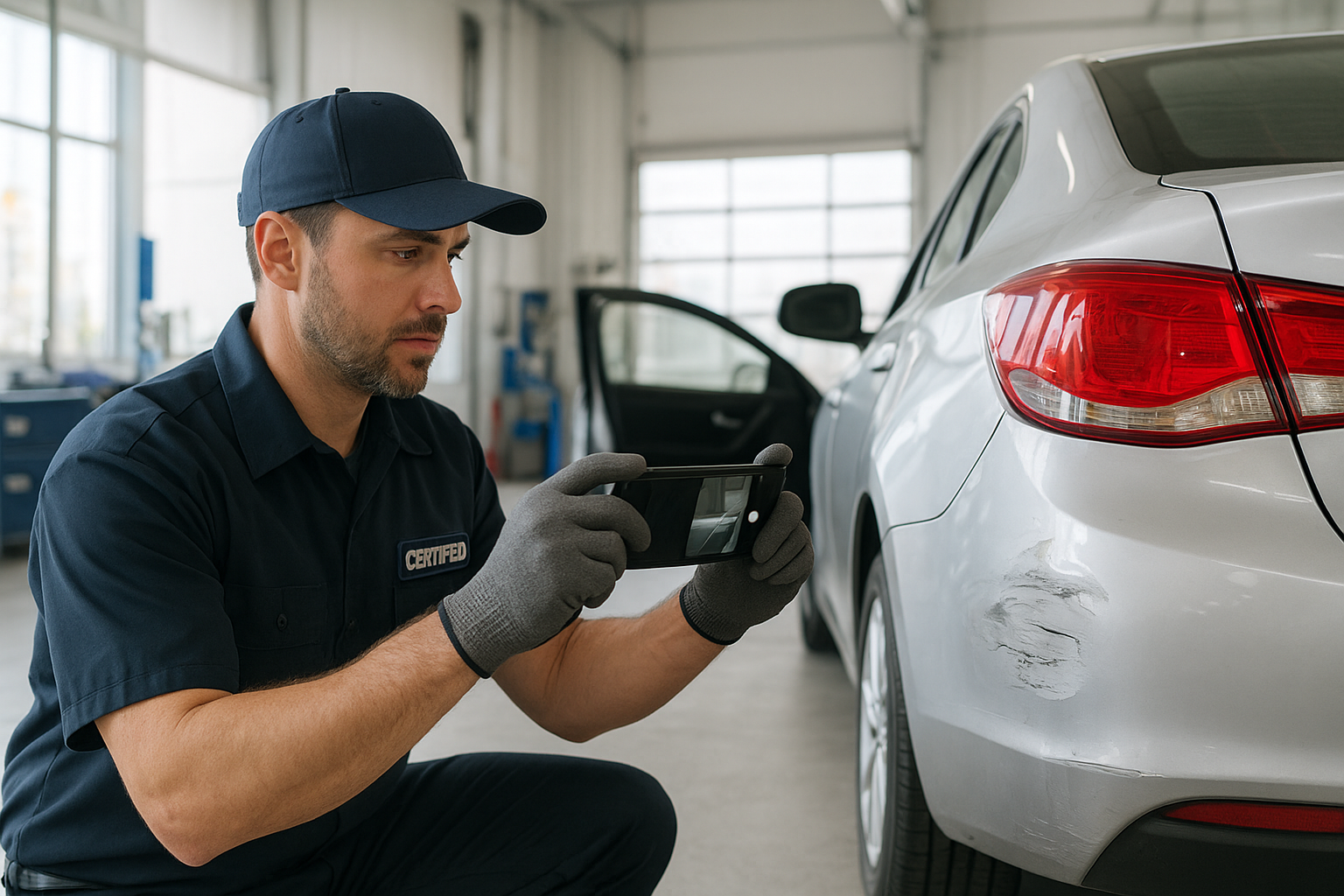 Technician documenting vehicle damage as part of auto body insurance claim assistance Brea process