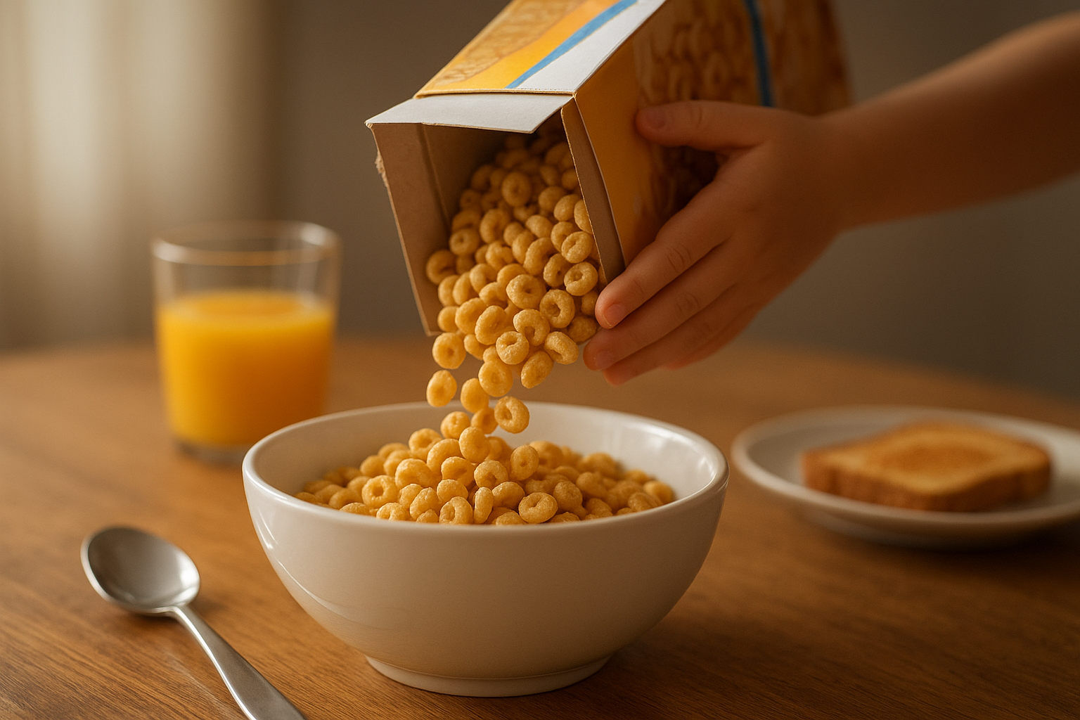 Child pouring puffed whole grain cereal into a breakfast bowl