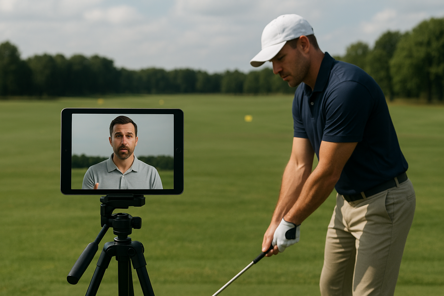 Golf coach reviewing swing mechanics remotely during an online lesson