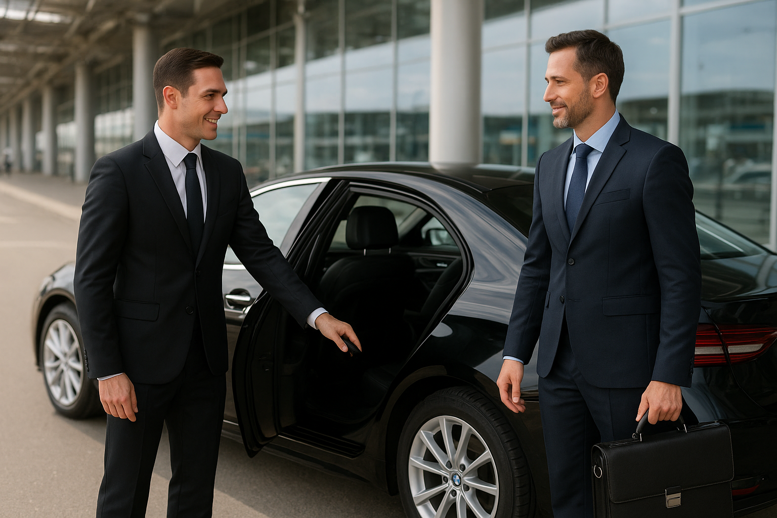 Chauffeur opening the car door for a business traveler before an intercity trip