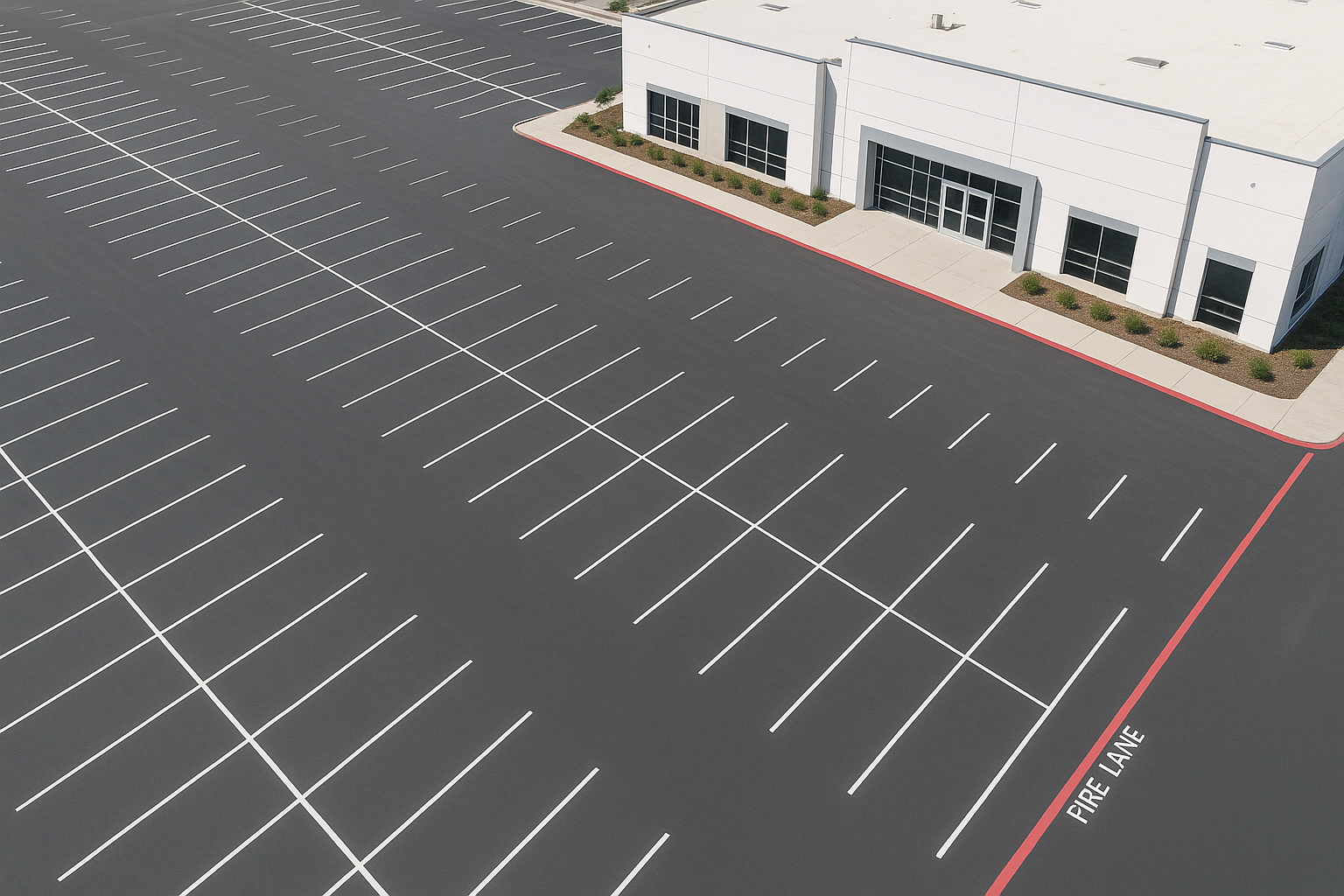 Aerial view of a fully striped commercial parking lot with fire lane markings