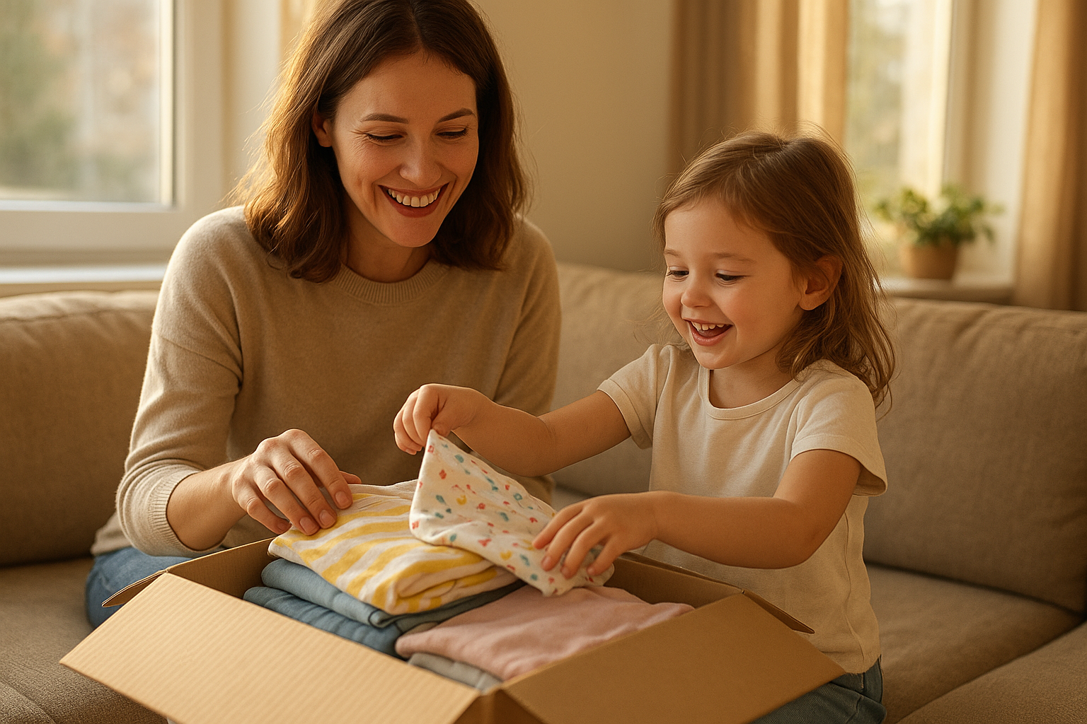 Parent and child unpacking a monthly kids clothing subscription box at home