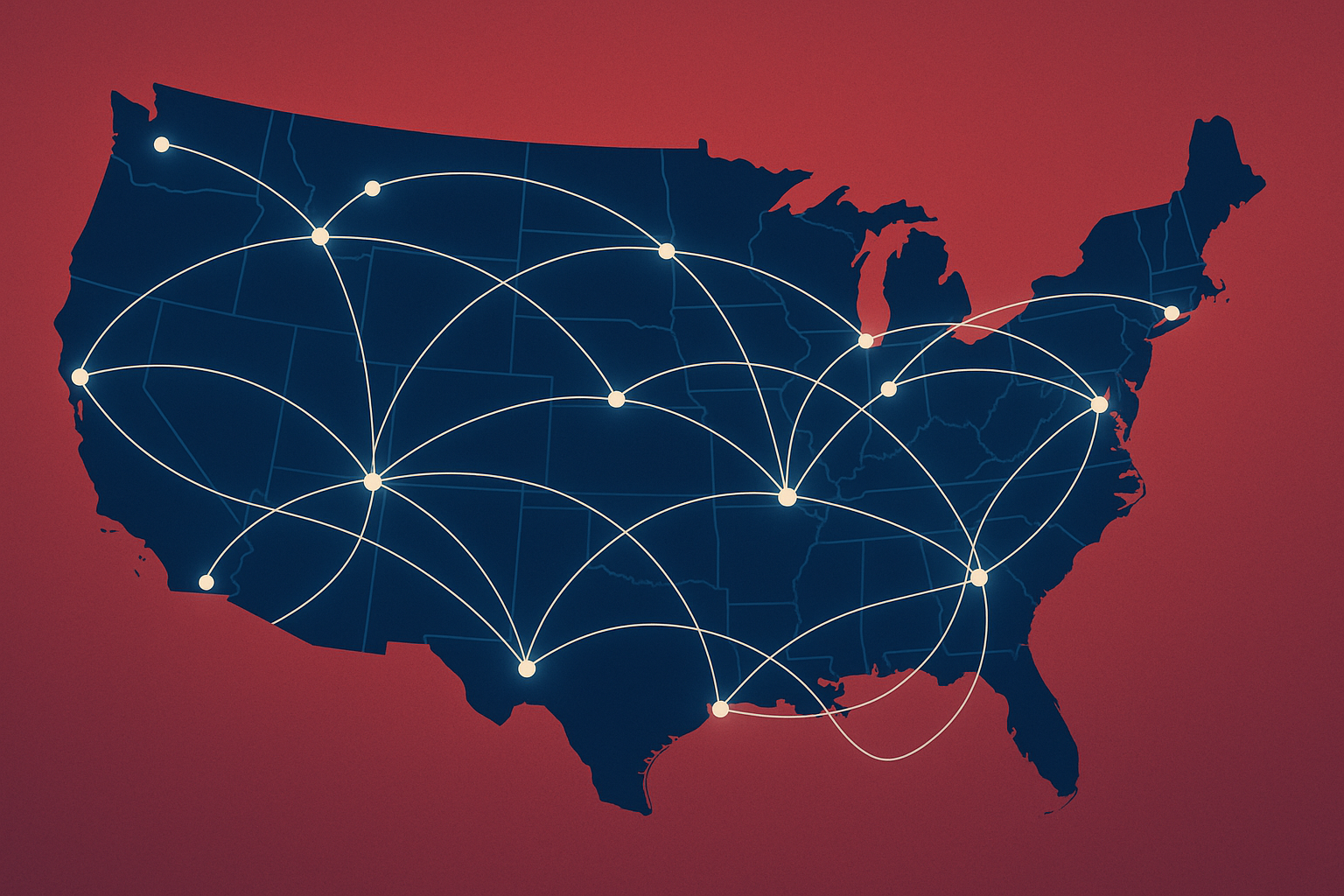 Map illustration representing business expansion loans nationwide connecting businesses across the United States