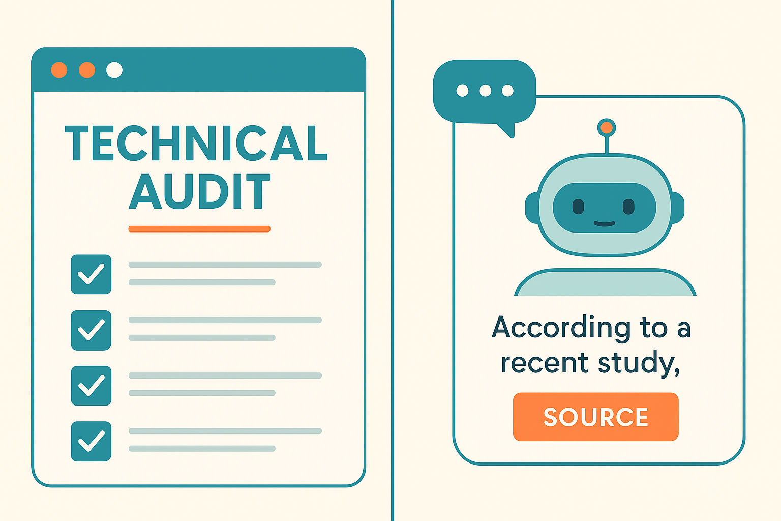 Illustration comparing technical SEO audits with AI chatbot citations for online visibility automation