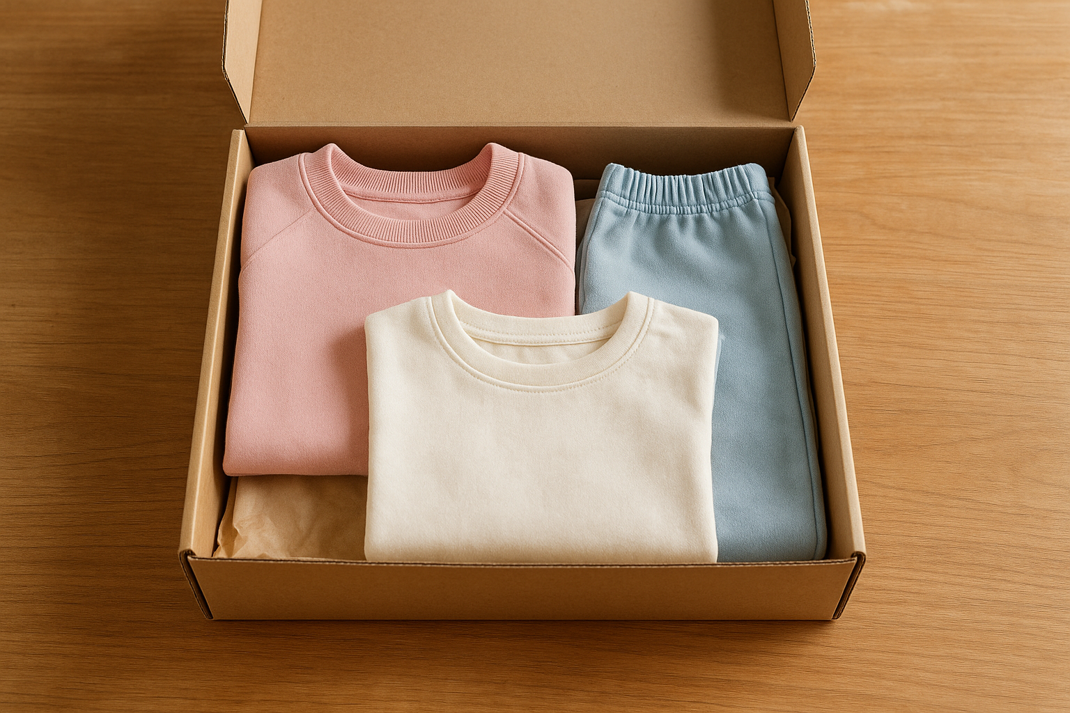 Premium kids fashion delivery box with folded children's clothing