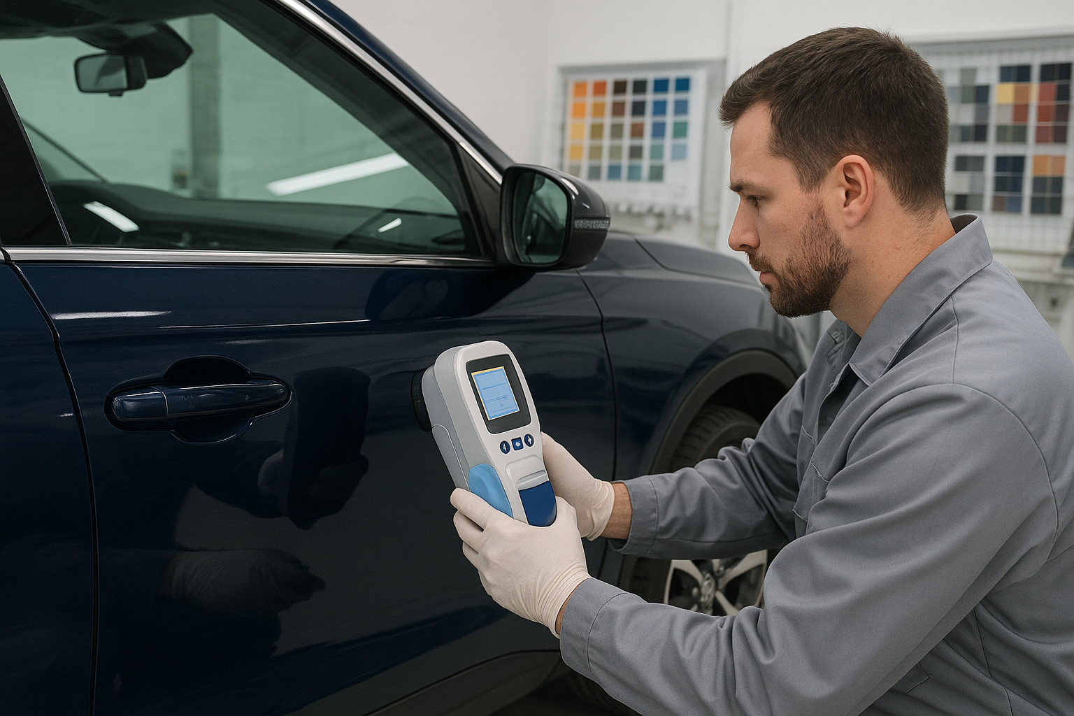 Technician using computerized paint matching equipment on a dark blue SUV at a Brea collision repair center