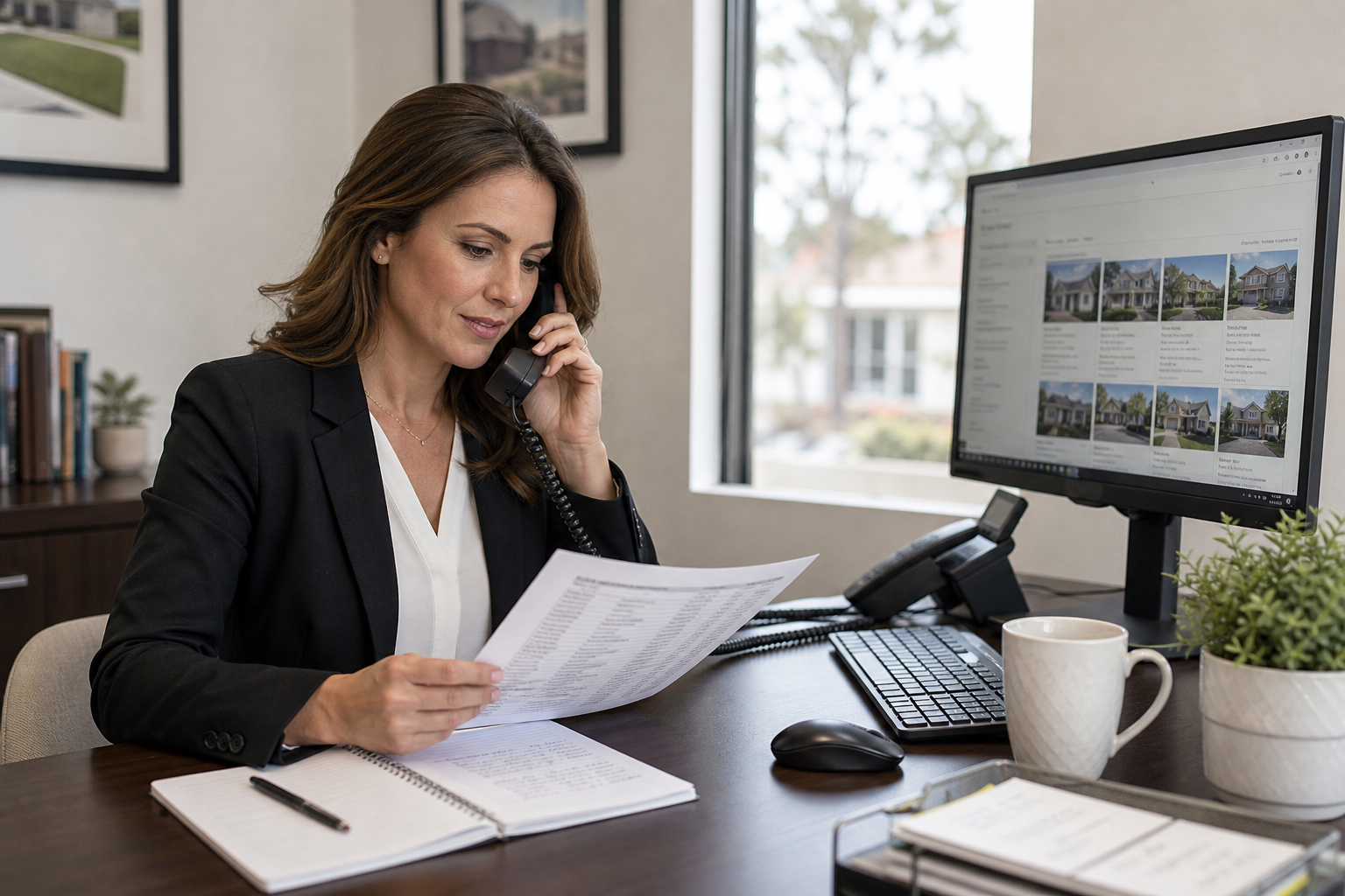 Agent making follow-up calls from a prioritized seller contact list at a desk