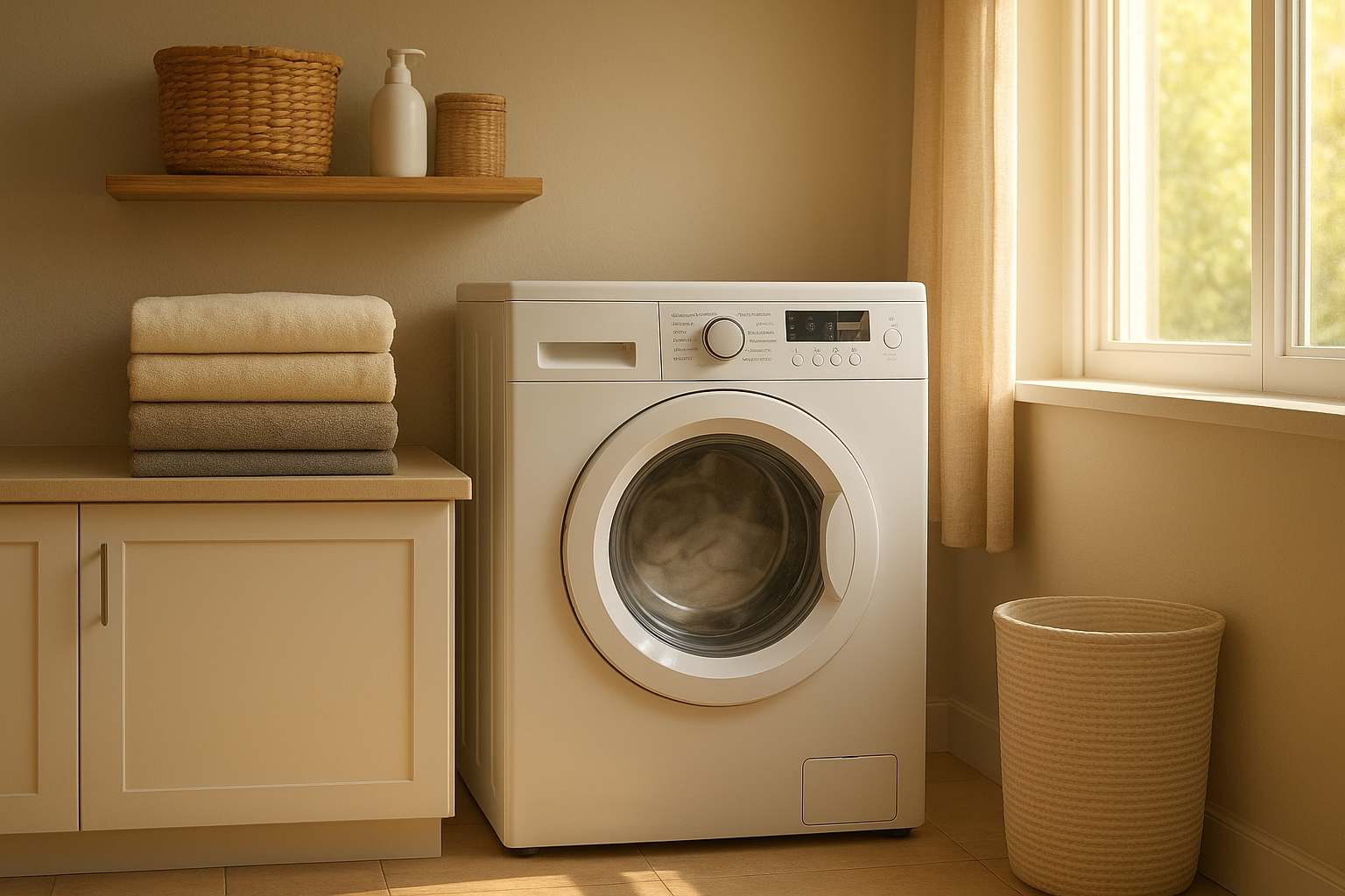 Home laundry room with washing machine running smoothly after repair