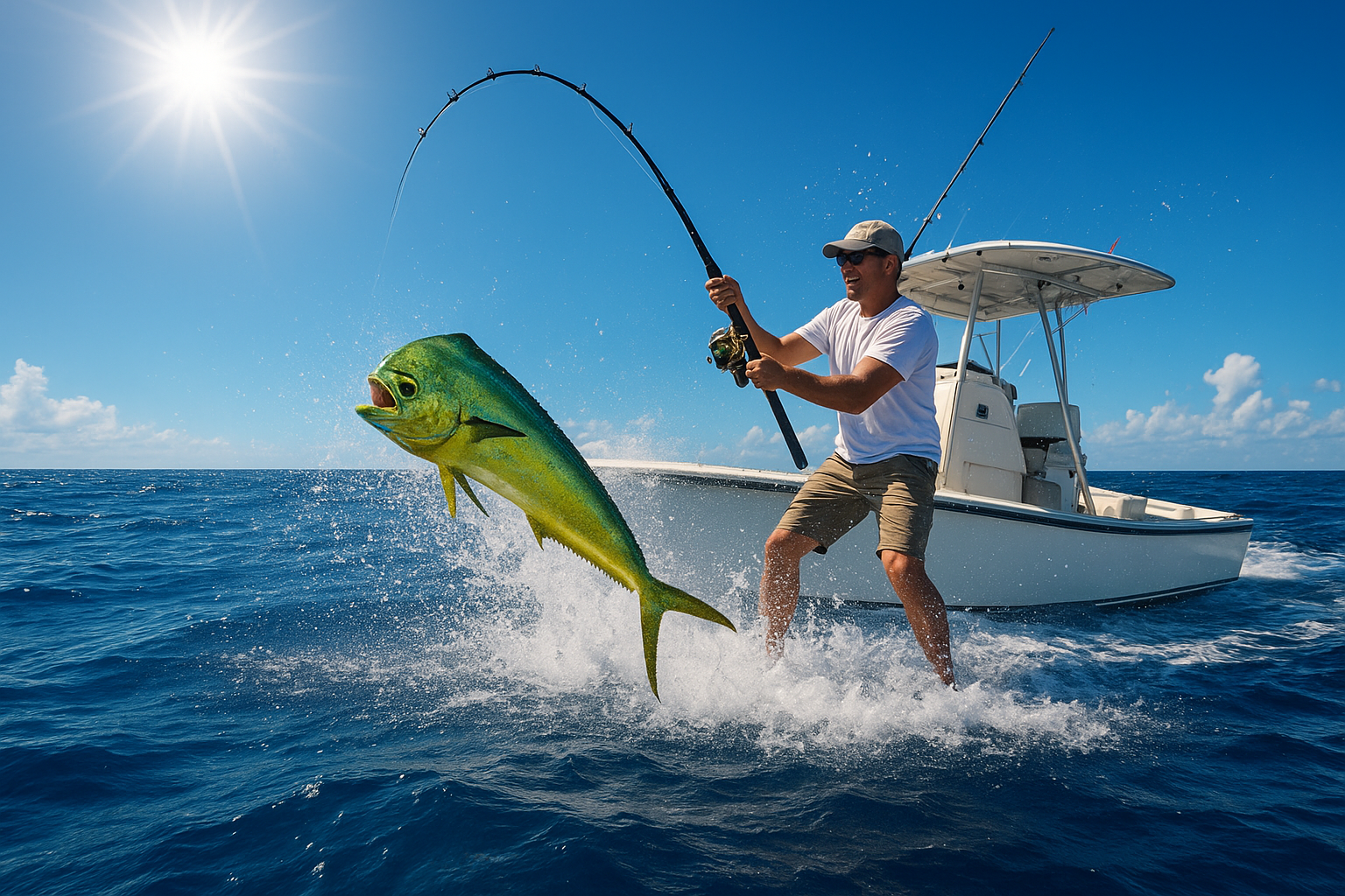 Angler fighting a mahi-mahi during an offshore Gulf Stream fishing trip