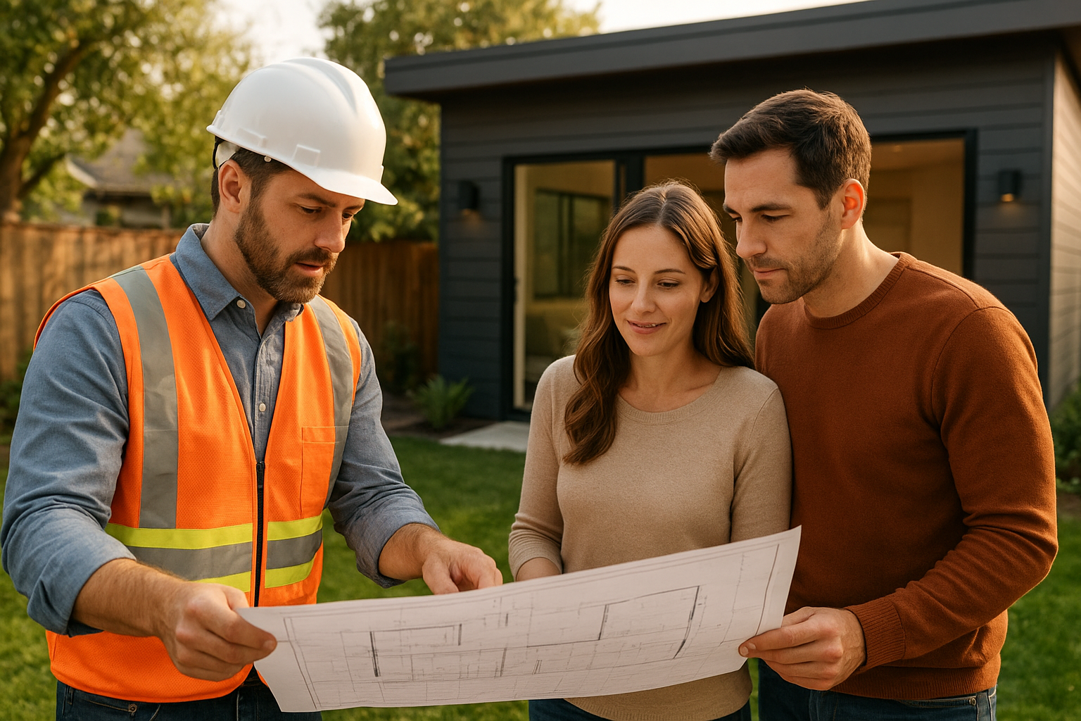 Custom ADU builder reviewing architectural plans with homeowners in a Southern California backyard