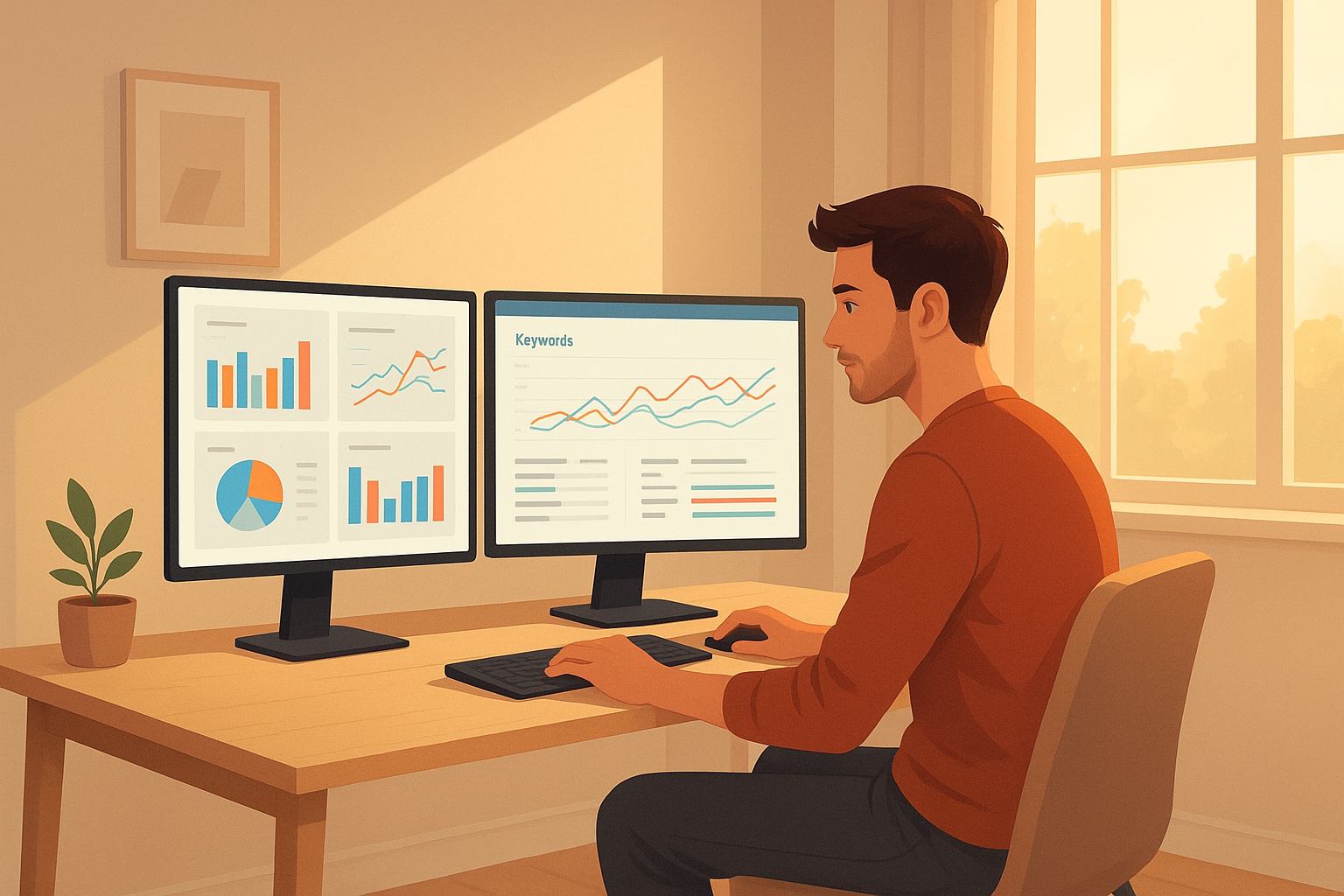 Content creator using AI SEO tools on dual monitors with keyword research dashboards