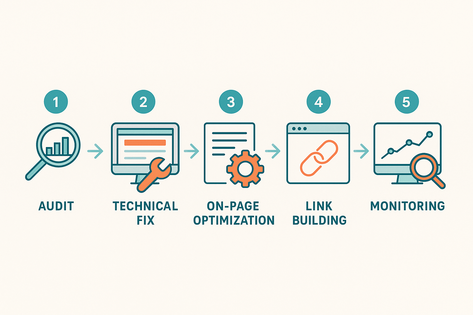 Five-step process illustration for improving an SEO score from audit to ongoing monitoring