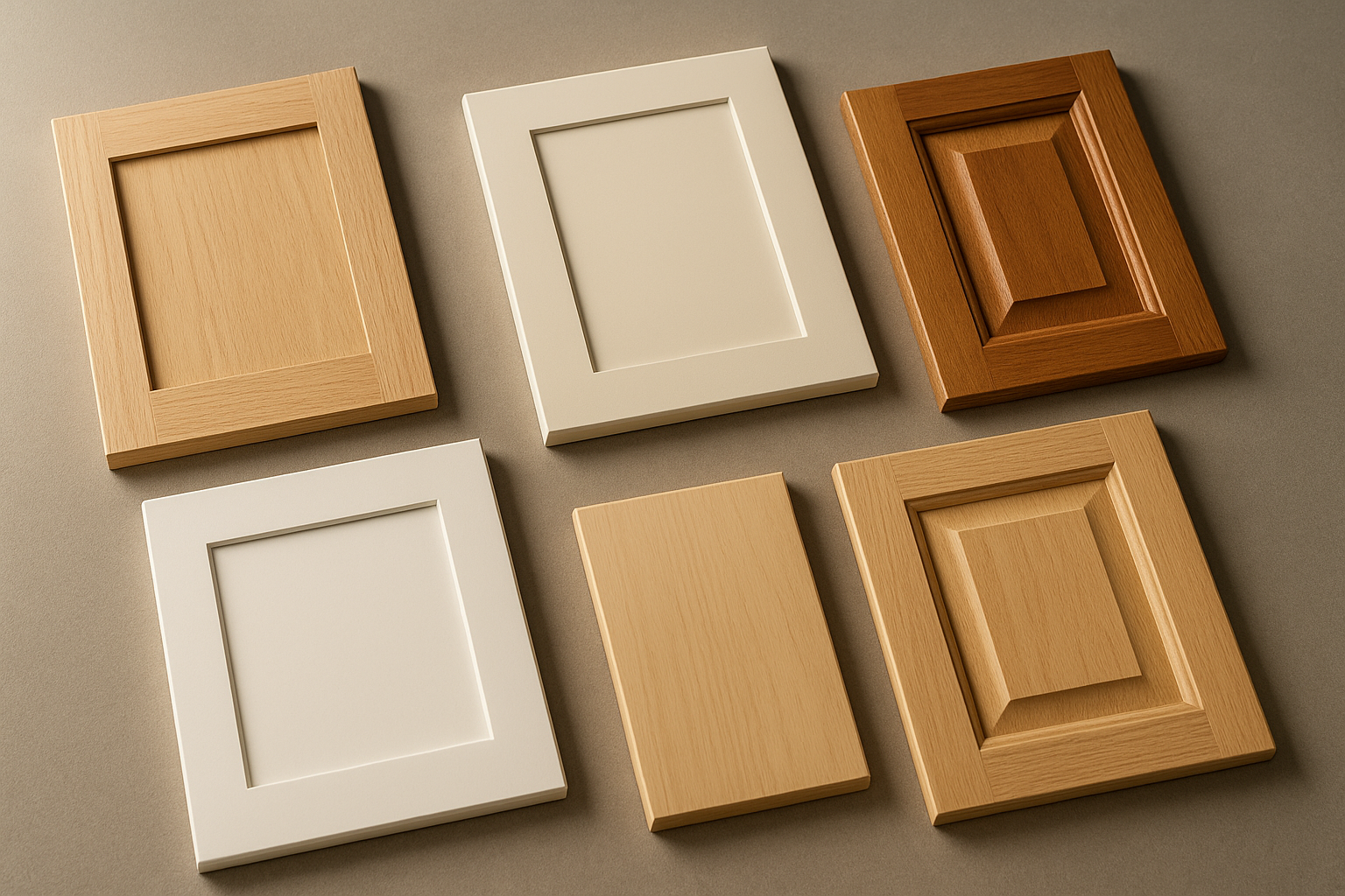 Various kitchen cabinet door style samples including shaker and flat-panel options for homeowners choosing an installation or refacing project