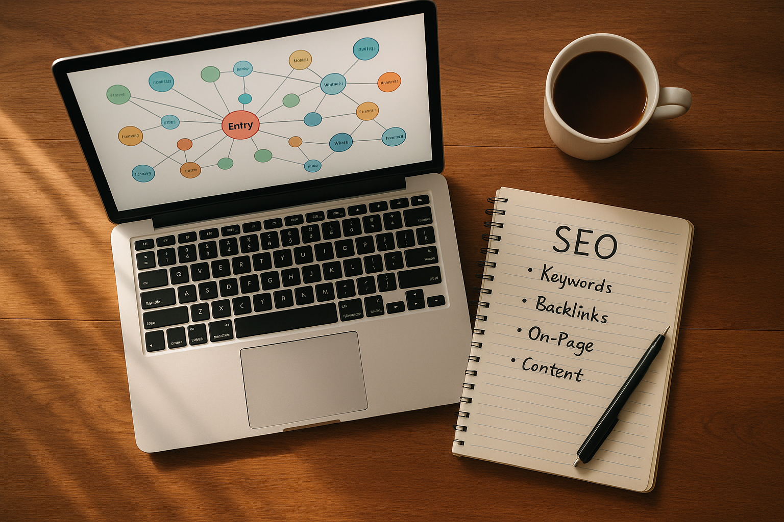 SEO professional analyzing entity relationships and knowledge graph connections on a laptop