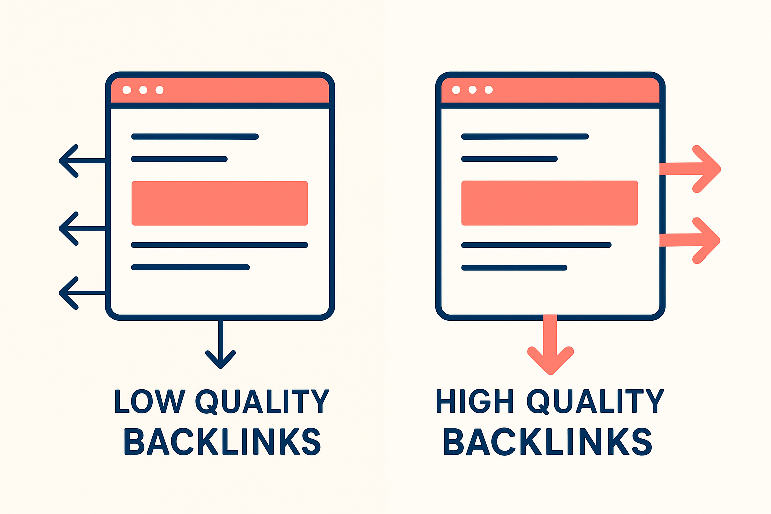 Side by side comparison of low-quality versus high-quality backlink profiles affecting link authority scores