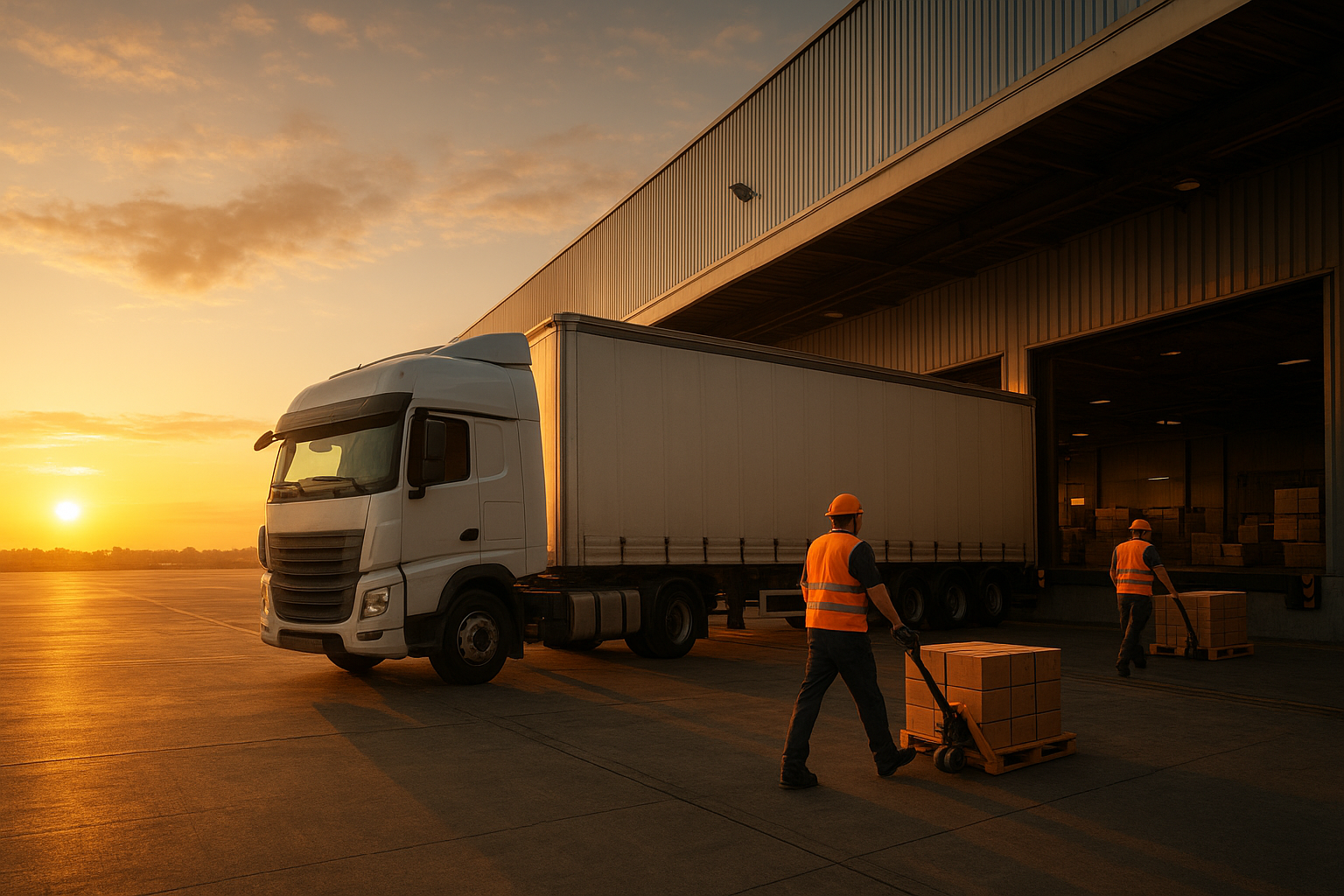 Freight truck loading pallets at a warehouse dock during shipping operations