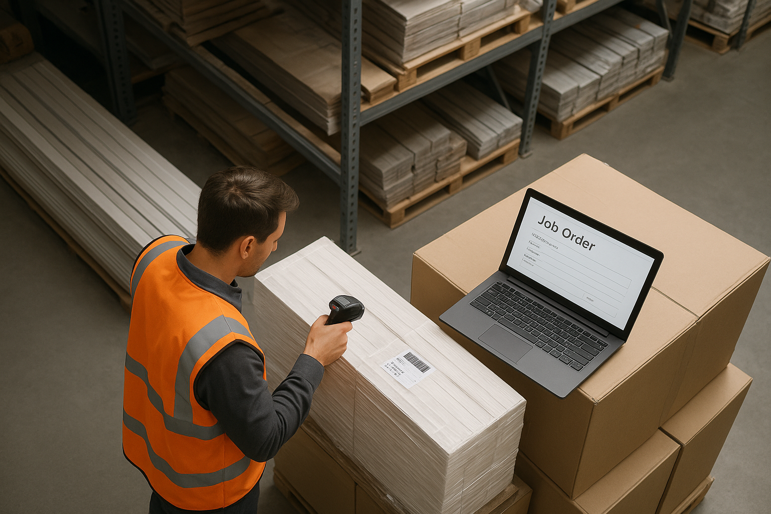 Warehouse staff matching a material delivery to a linked job order in production tracking software