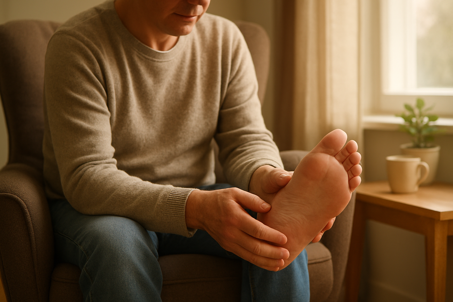 Person with diabetes performing a daily foot inspection to monitor skin health and prevent ulcers